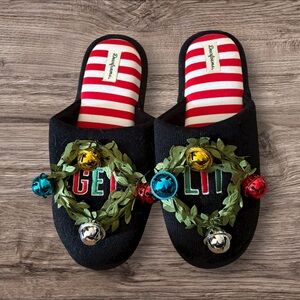 Dearfoams Black Holiday Slippers with Red and Green Accents - Get Lit  - size 11